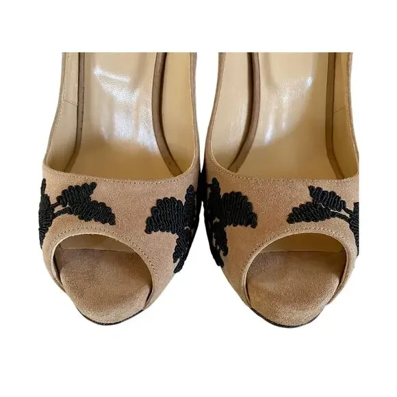 Valentino Garavani Suede Lace Peep Toe Heels 37 Nude Black Floral Embroidery - Picture 6 of 13
